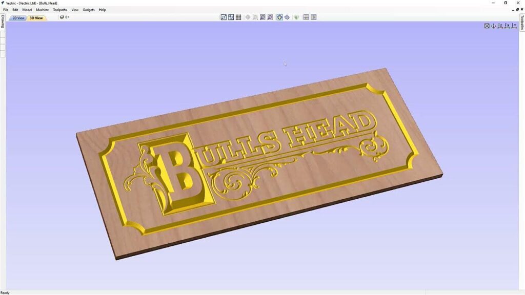 VCarve Pro screenshot showing a 3D toolpath preview engraving a 2D logo into a wooden board — Maker Cube 2D Drafting for Fabrication class (Langley, BC)