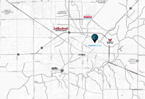 Map showing Maker Cube’s location in Langley, BC, near KPU Langley, Costco, and Willowbrook Shopping Centre.