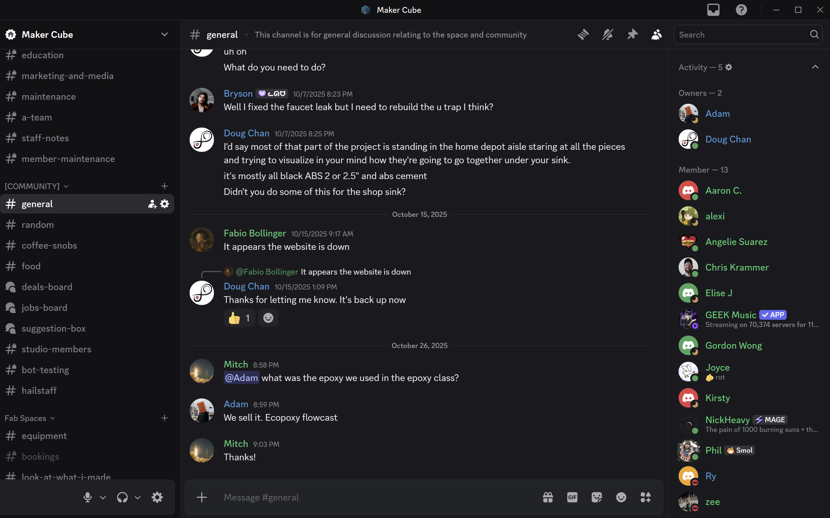 Screenshot of the Maker Cube Discord community server showing chat channels, announcements, class updates, and member discussion in Langley, BC
