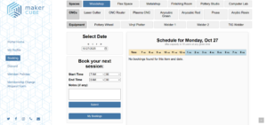 Maker Cube member portal booking system in Langley, BC, calendar view showing spaces and single operator equipment with selectable time slots