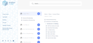 Maker Cube member portal documentation library in Langley, BC, listing lesson plans, tool manuals, and policy guides with searchable categories