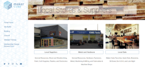 Maker Cube member portal supplier page showing a map of local vendors near Langley, BC, with a list of wood, metal, plastics, electronics, and finishing suppliers
