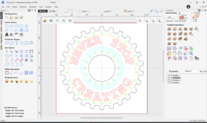 VCarve Pro screenshot at Maker Cube in Langley, BC, showing a 2D vector sketch of a gear with the words "Never Stop Creating"