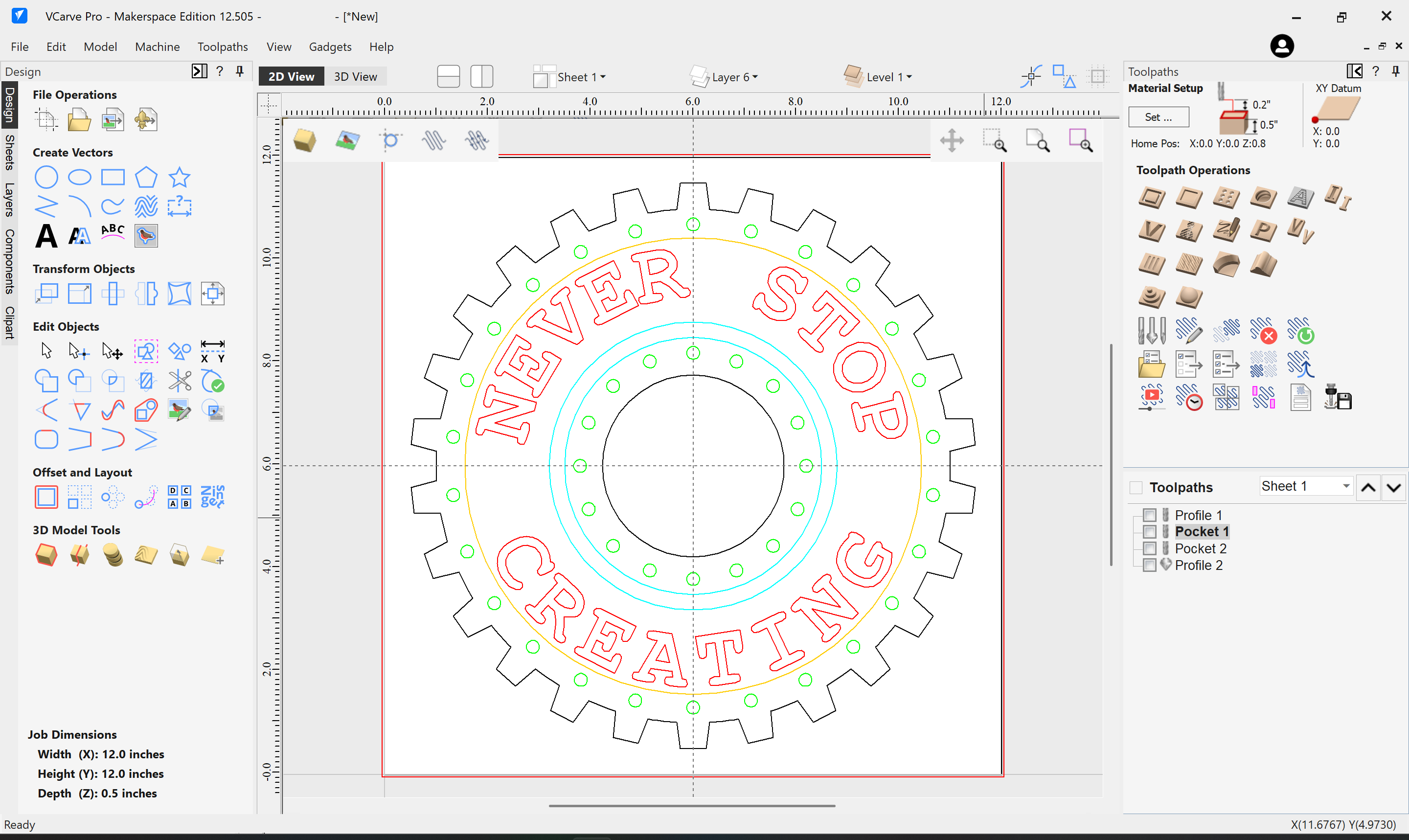 VCarve Pro screenshot at Maker Cube in Langley, BC, showing a 2D vector sketch of a gear with the words "Never Stop Creating"