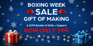 Boxing Week banner for Maker Cube in Langley, BC, Gift of Making now $99, includes three months of Maker Passport, intro to woodworking class, one on one consultation, and group help sessions