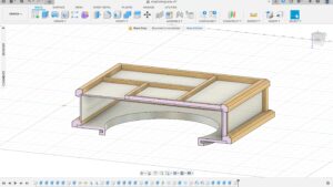 Fusion 360 screenshot of a wood and acrylic shoji lamp cover in section view at Maker Cube in Langley, BC, showing interior structure and joinery