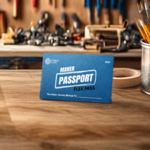 Maker Cube Flex Pass card in Langley, BC, eight flexible drop in sessions for $159, usable on weekdays, weekends, or as the first hour of CNC time