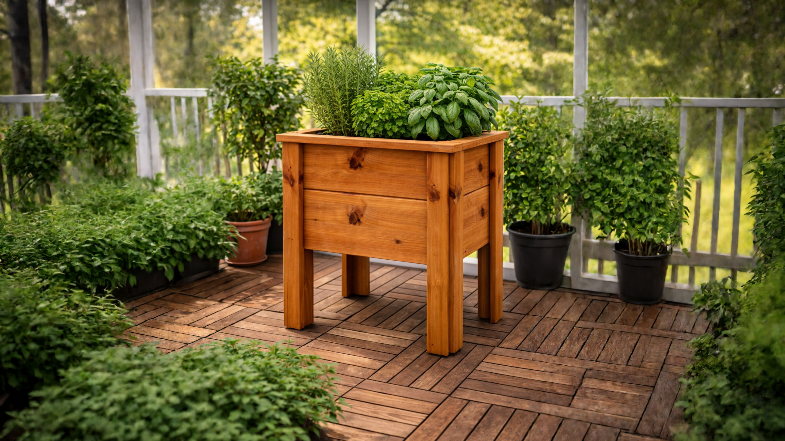 Cedar planter box filled with fresh herbs in a garden setting at Maker Cube Langley BC