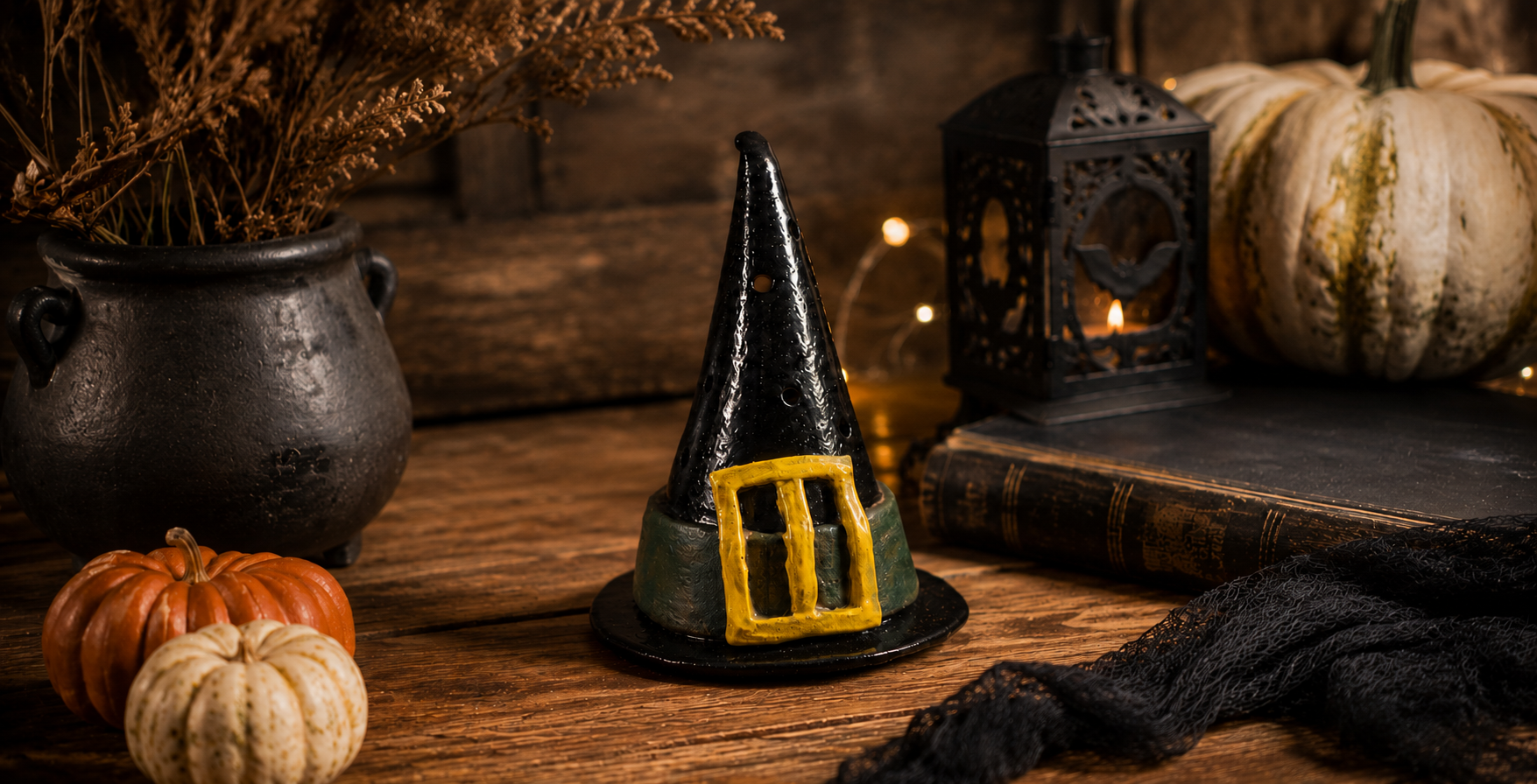 Front view of a handmade ceramic witch’s hat luminary displayed against a Halloween and fall themed background, Maker Cube pottery class in Langley, BC